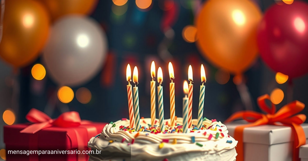 Cena festiva de aniversário com bolo, velas, balões, confete e presentes.