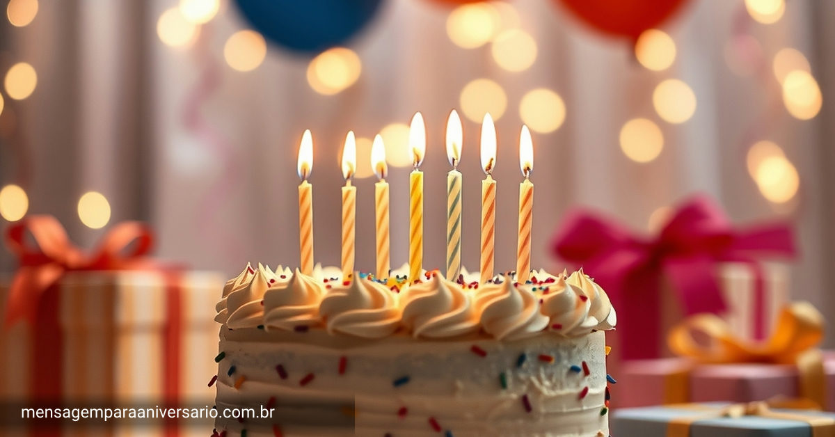 Cena festiva de aniversário com bolo enfeitado, velas brilhantes, balões em diversas cores, confete espalhado, presentes coloridos e luzes bokeh.