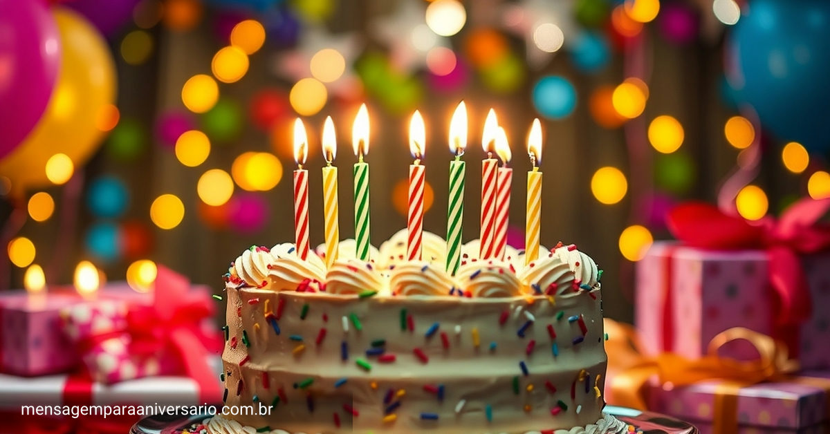 Cena festiva de aniversário com bolo colorido, velas, balões, confete e luzes brilhantes.