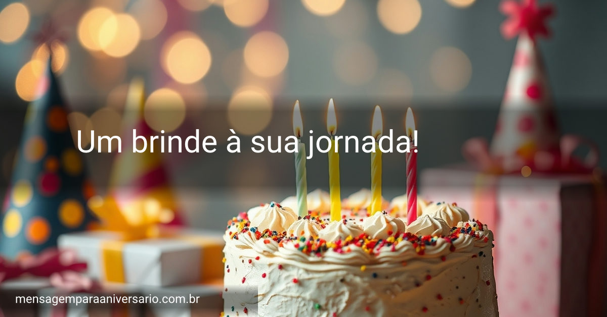 Cena festiva de aniversário com bolo decorado, velas acesas, chapéus de festa e presentes.