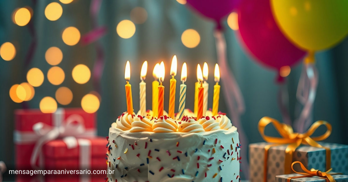 Cena festiva de aniversário com bolo, velas, balões, confete e presentes.