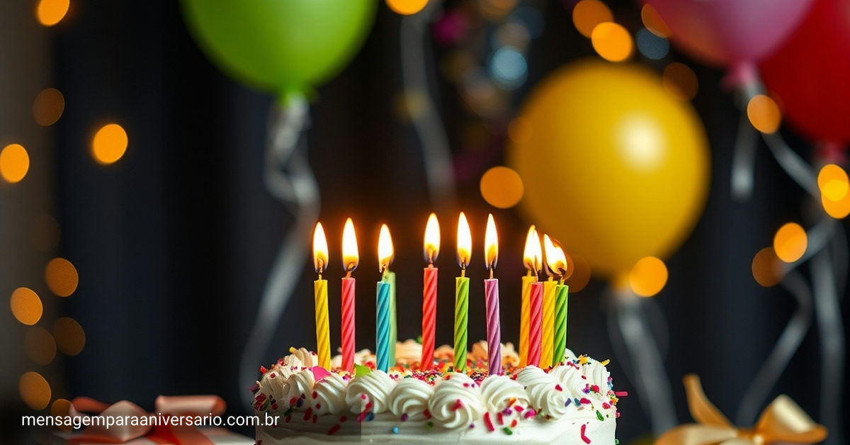 Uma cena festiva de aniversário com um bolo colorido, velas acesas, balões, confetes e luzes bokeh.