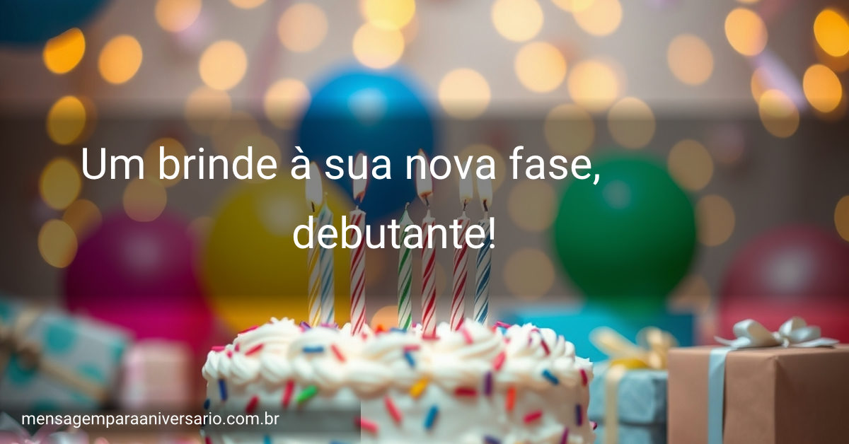 Cena festiva de aniversário com bolo, velas, balões, confetes e presentes.