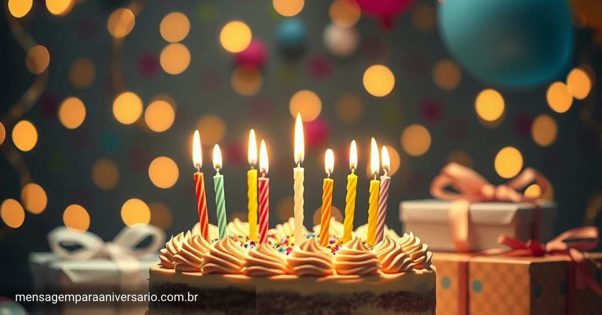 Cena de aniversário festiva com bolo, velas, balões, confete, presentes e luzes bokeh.