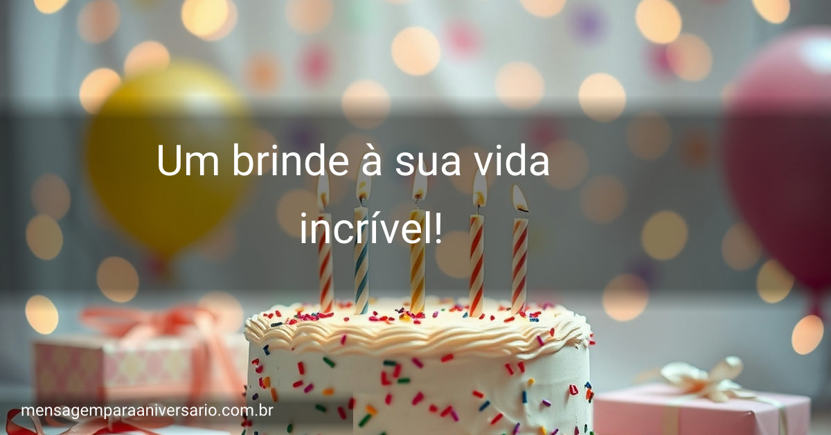 Uma cena festiva de aniversário com bolo, velas, balões, confetes e presentes, com um fundo de luzes bokeh.