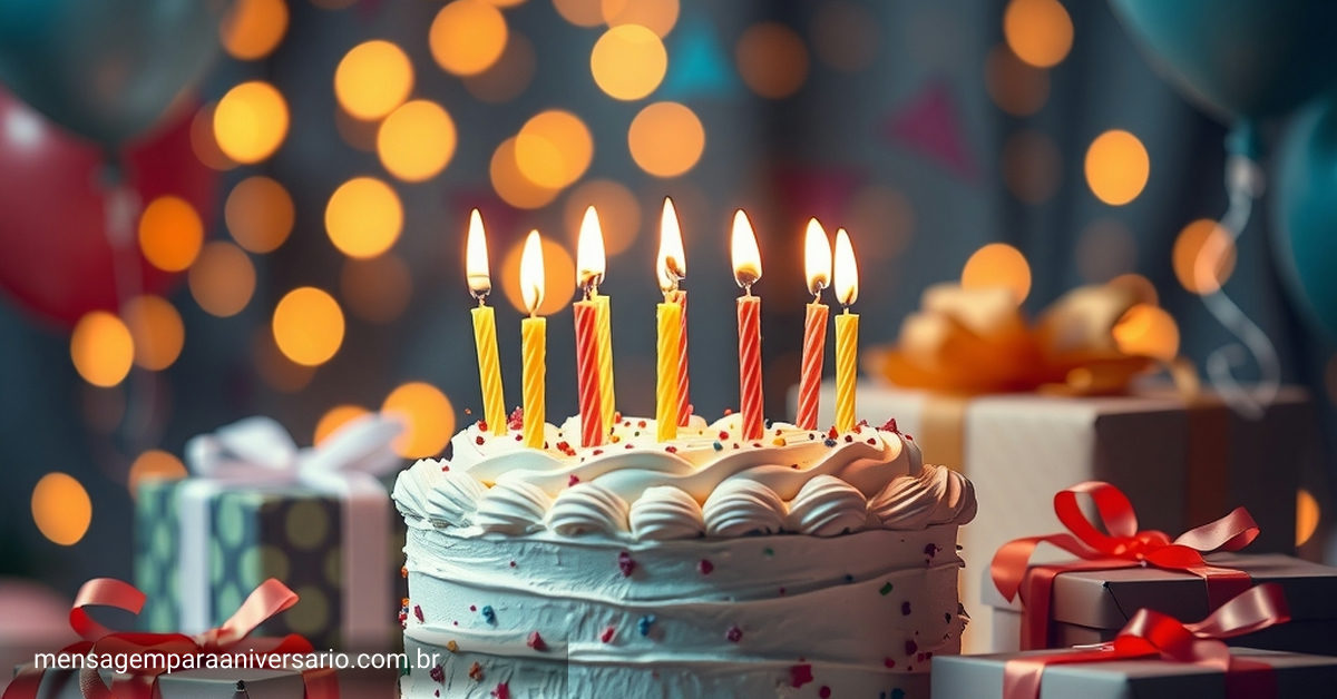 Uma cena festiva de aniversário com bolo, velas, balões, confetes e presentes.