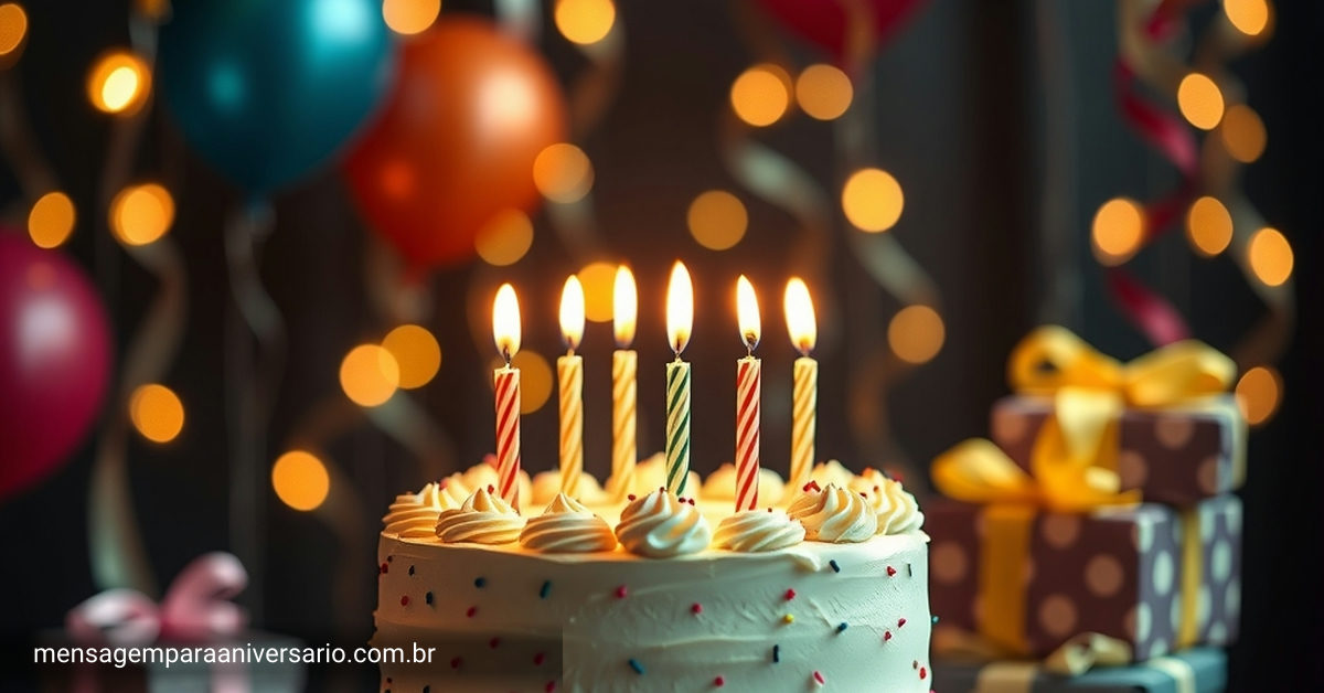 Cena festiva de aniversário com bolo, velas, balões, confetes e presentes.