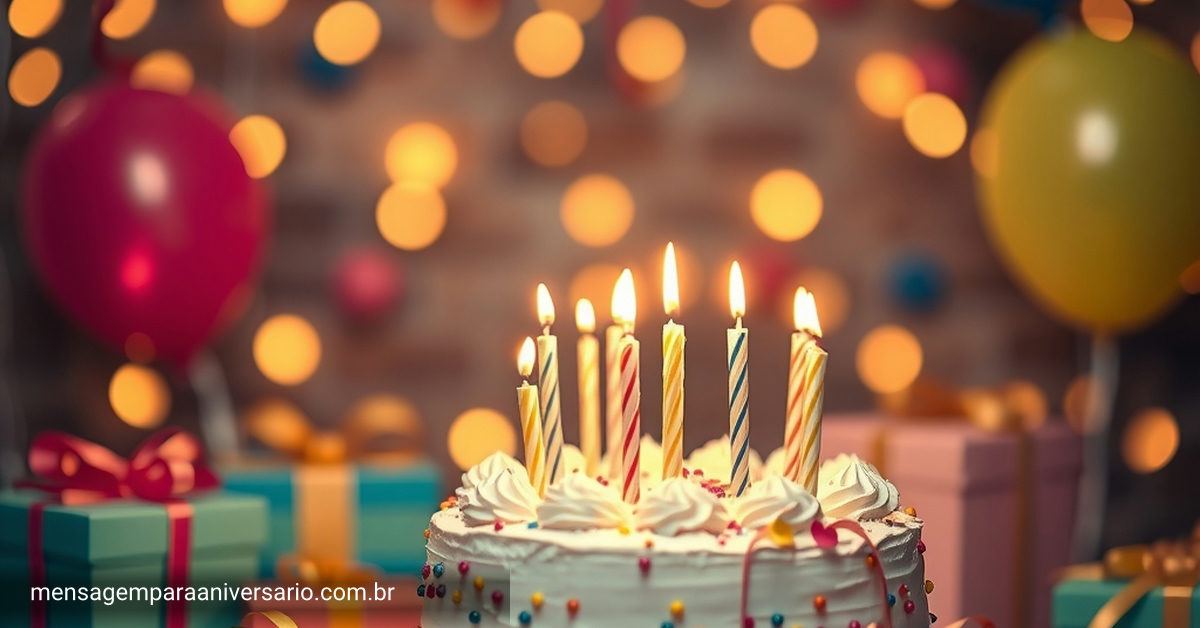 Cena festiva de aniversário com bolo, velas, balões, confete e presentes.