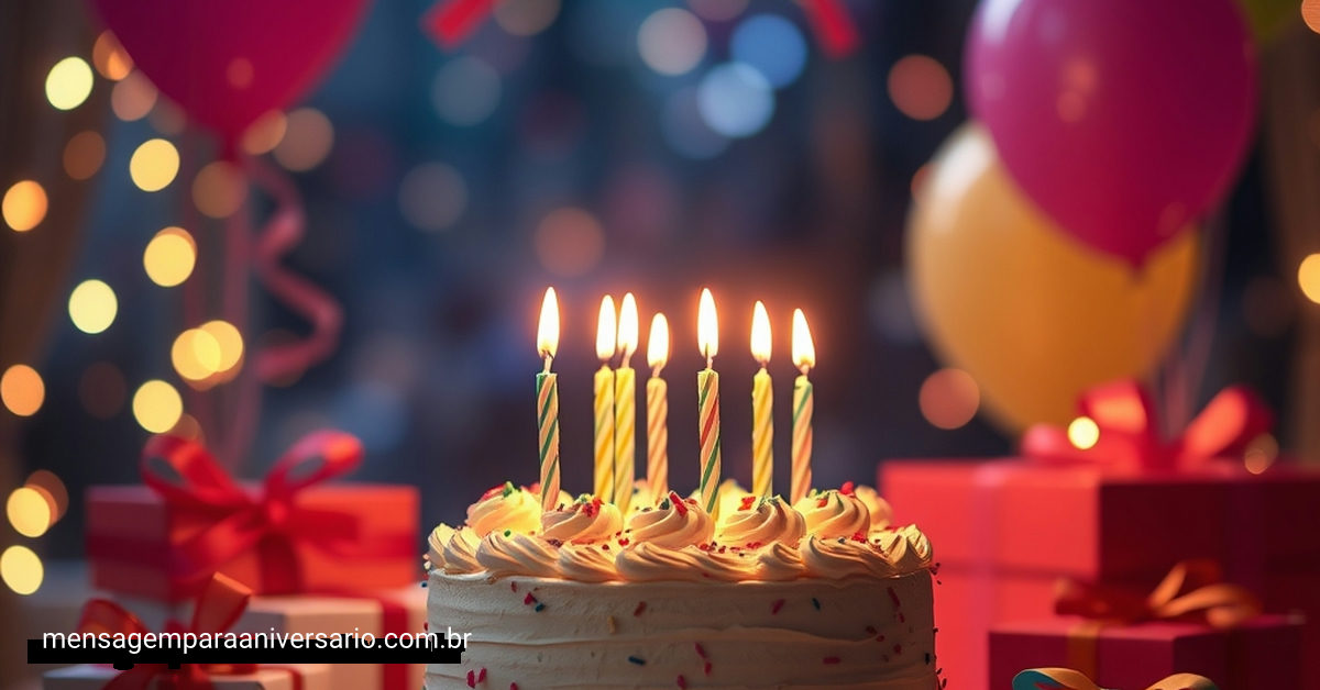 Cena festiva de aniversário com bolo, velas, balões, confetes e luzes desfocadas.