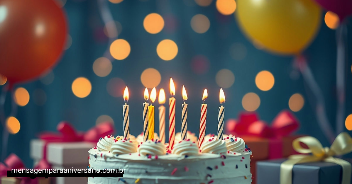 Uma cena festiva de aniversário com bolo, velas, balões coloridos, confete e presentes.