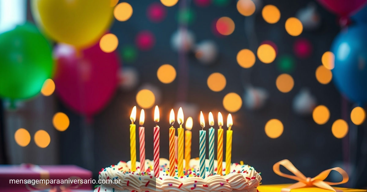 Imagem de uma cena festiva de aniversário com bolo, velas, balões, confete e presentes.
