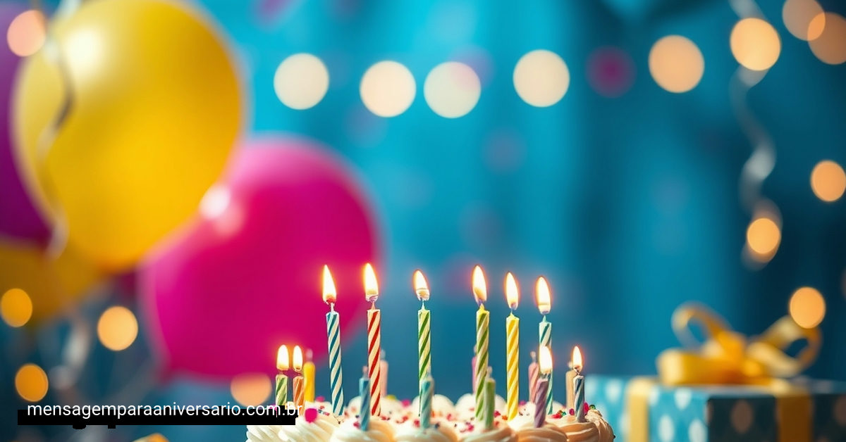 Uma cena festiva de aniversário com bolo, velas, balões, confete e luzes bokeh.