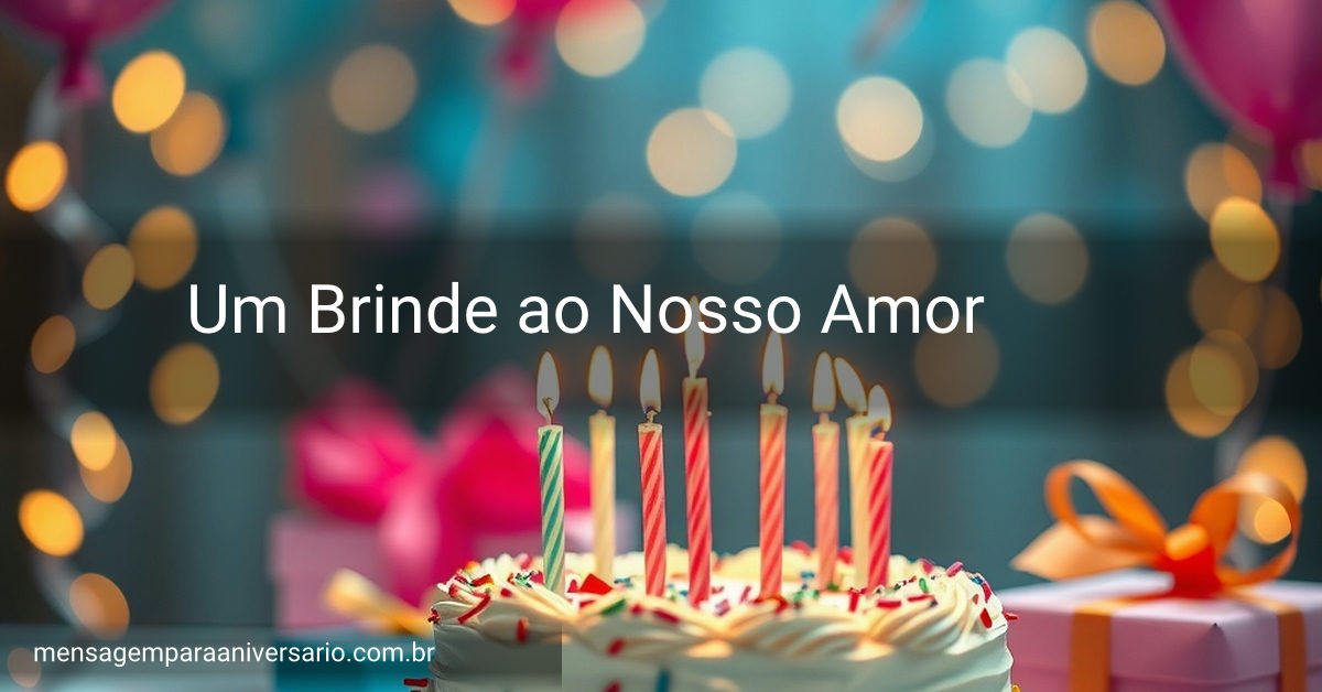 Cena festiva de aniversário com um bolo colorido, velas acesas, balões variados, confete e luzes brilhantes no fundo.