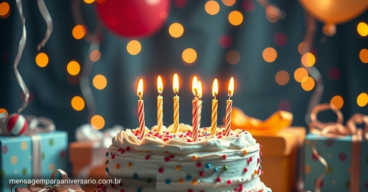 Uma cena festiva de aniversário com bolo, doces, balões, luzes de fada e presentes.