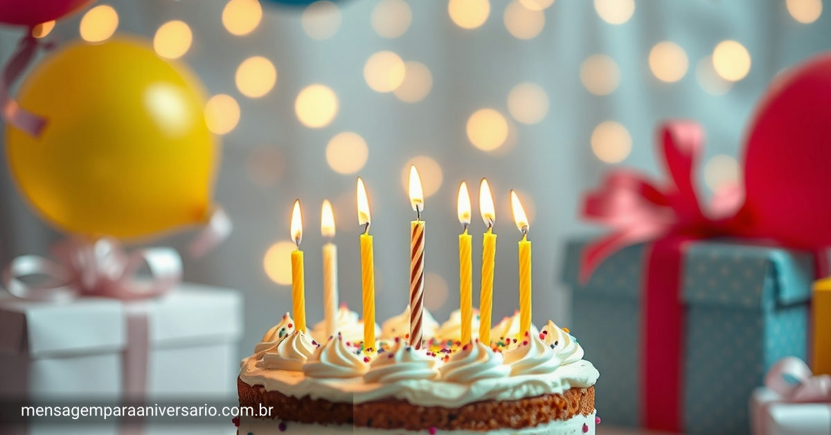 Uma cena festiva de aniversário com um bolo decorado, velas acesas, balões e confete, criando uma atmosfera de celebração.