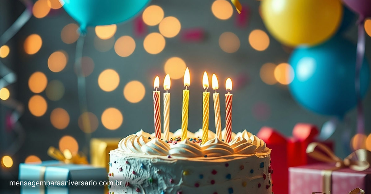 Decorado de aniversário com bolo, velas, balões, confete e presentes.