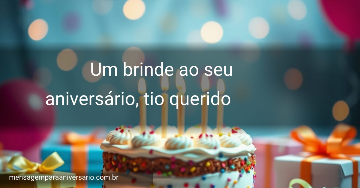 Mesa de aniversário decorada com bolo, velas acesas, balões coloridos, confetes e presentes.
