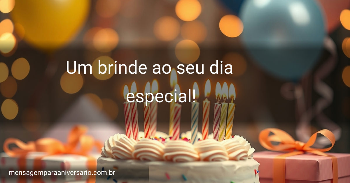 Cena festiva de aniversário com bolo, velas, balões, confete e presentes.