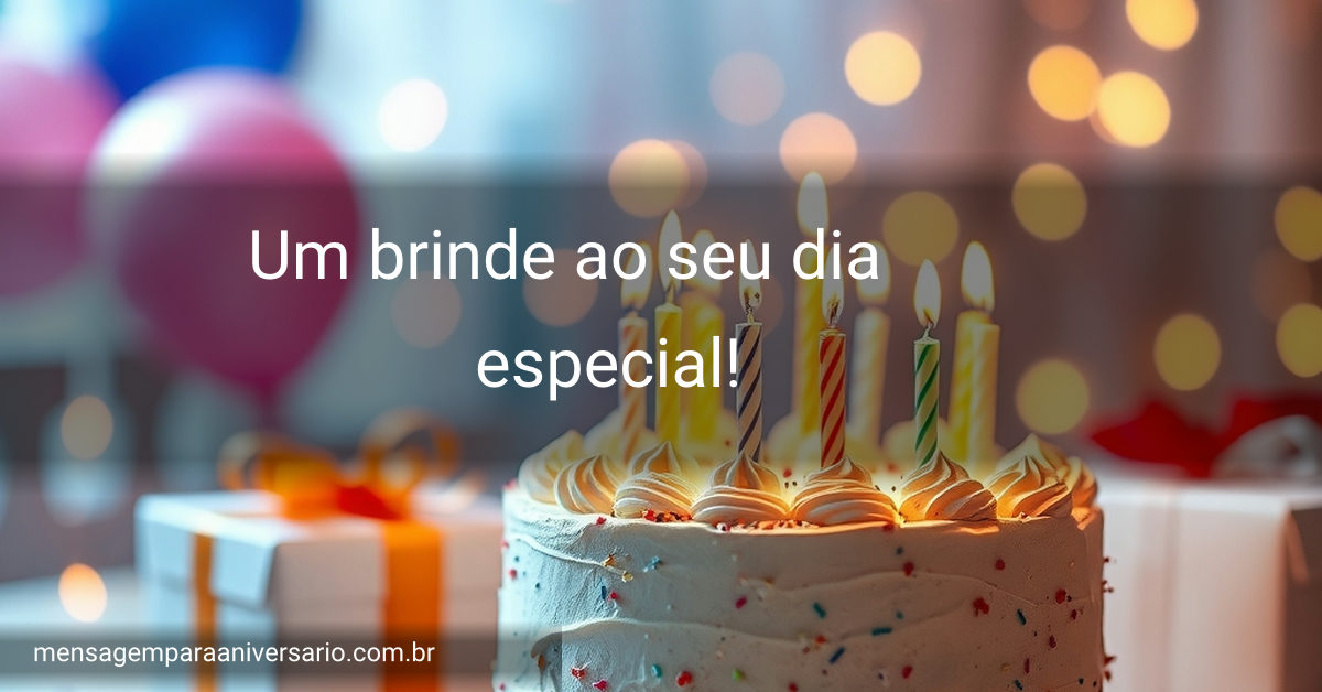 Cena festiva com bolo, velas, balões coloridos, confetes e presentes.