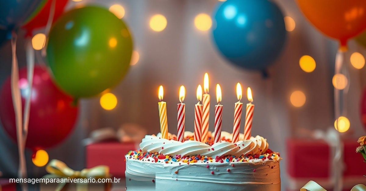 Uma cena festiva com um bolo de aniversário decorado, balões coloridos flutuando e confetes brilhando.