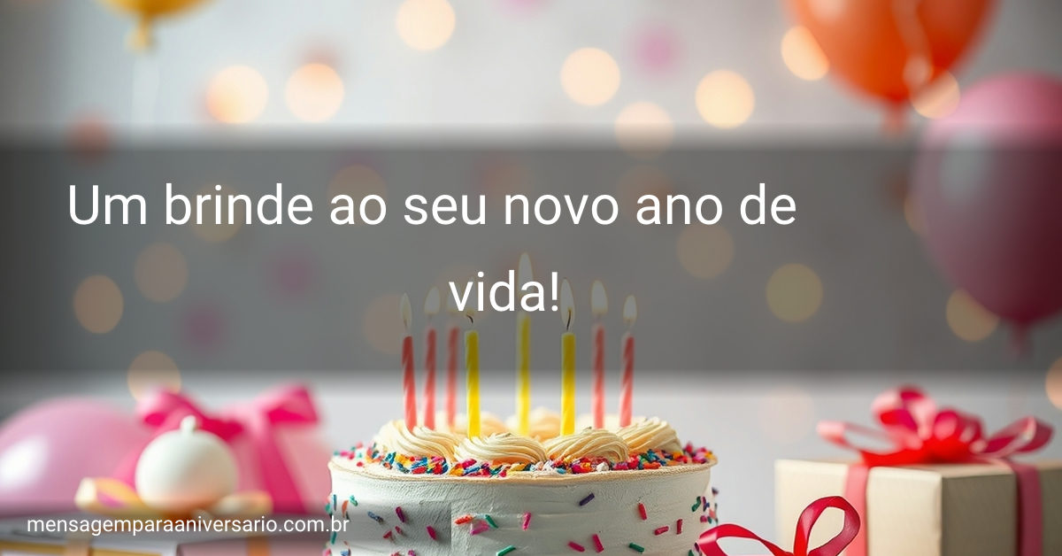 Uma cena festiva de aniversário com bolo, velas coloridas, balões e confete.