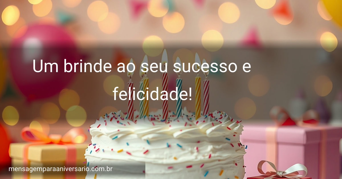 Ambiente festivo com bolo de aniversário, velas, balões, confetes e presentes esperando para serem abertos.