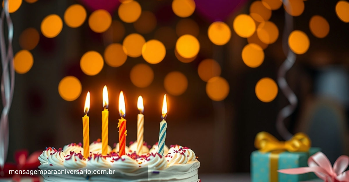 Cena festiva de aniversário com bolo, velas acesas, balões coloridos, confete, presentes e luzes bokeh.
