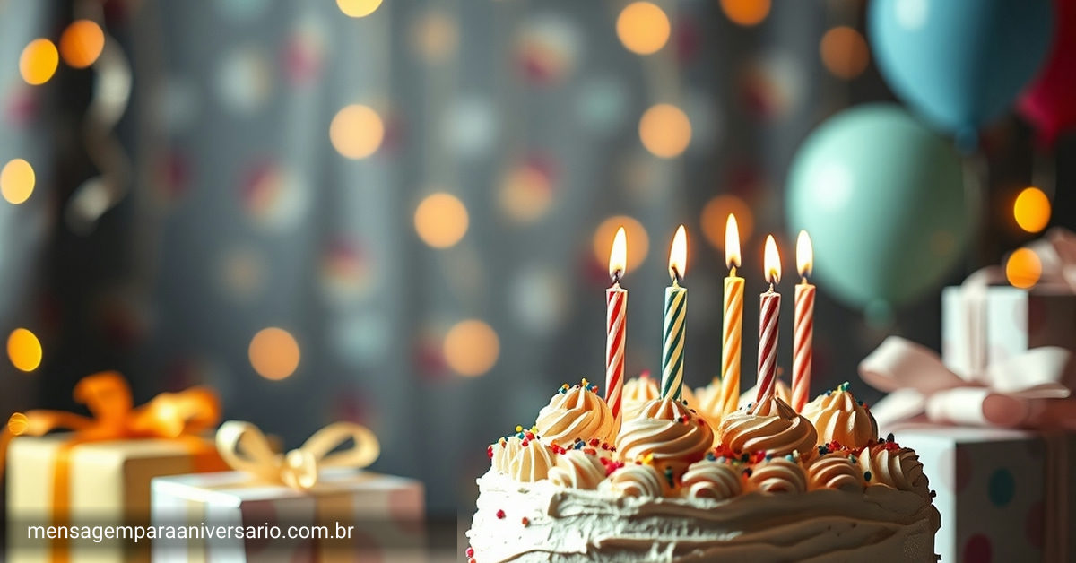 Cena festiva com bolo, velas, balões, confete e luzes bokeh.