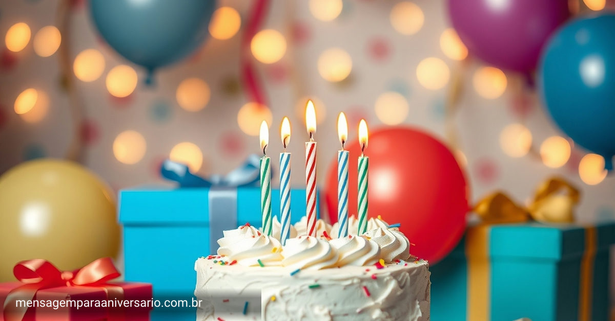 Uma mesa de festa com um bolo de aniversário decorado, várias velas, balões em diferentes cores, confetes brilhantes e vários presentes ao redor.