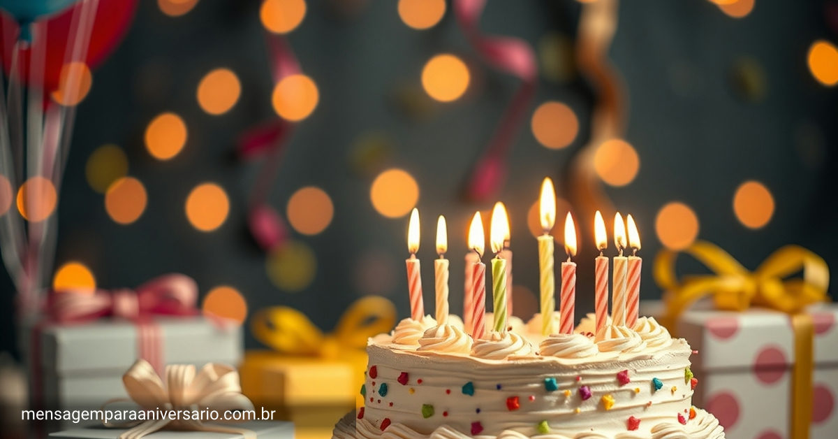 Uma cena festiva de aniversário com bolo, velas, balões e confete.