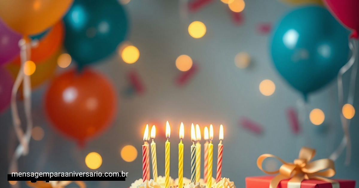 Um cenário sereno de aniversário com balões e luzes suaves, transmitindo uma atmosfera festiva.