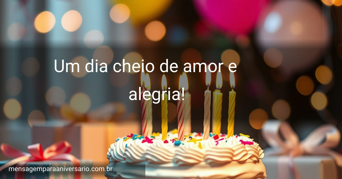 Uma decoração de aniversário com um bolo em destaque, velas, balões coloridos flutuando, confete colorido ao redor, presentes de aniversário e luzes desfocadas