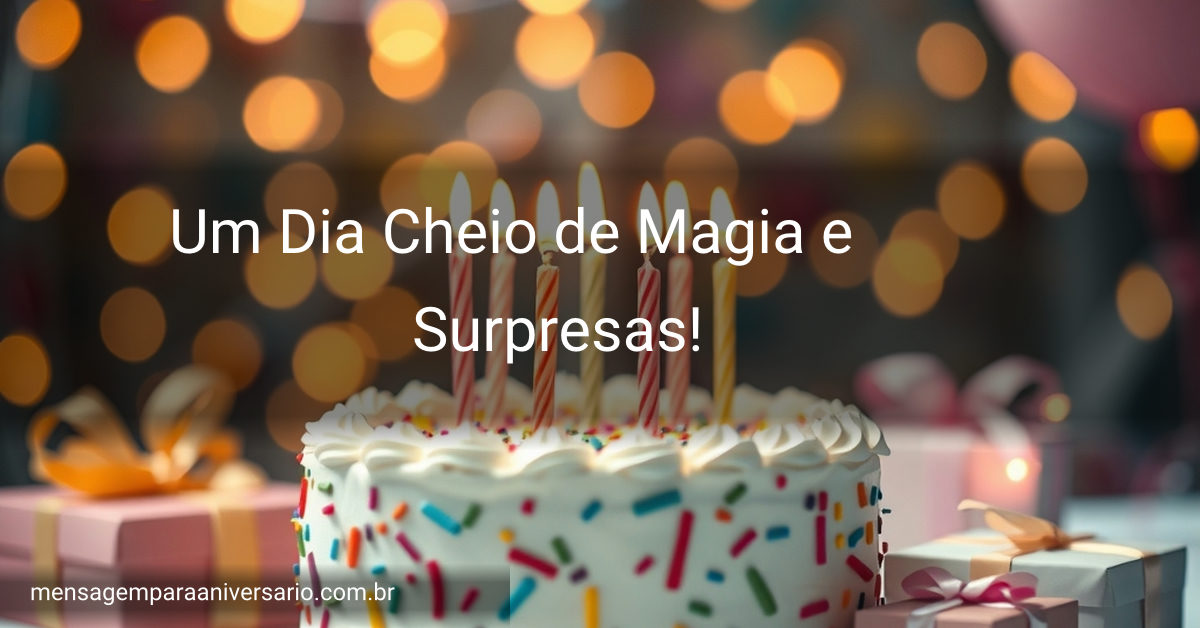 Cena festiva de aniversário com bolo colorido, velas acesas, balões, confetes, presentes e luzes bokeh.