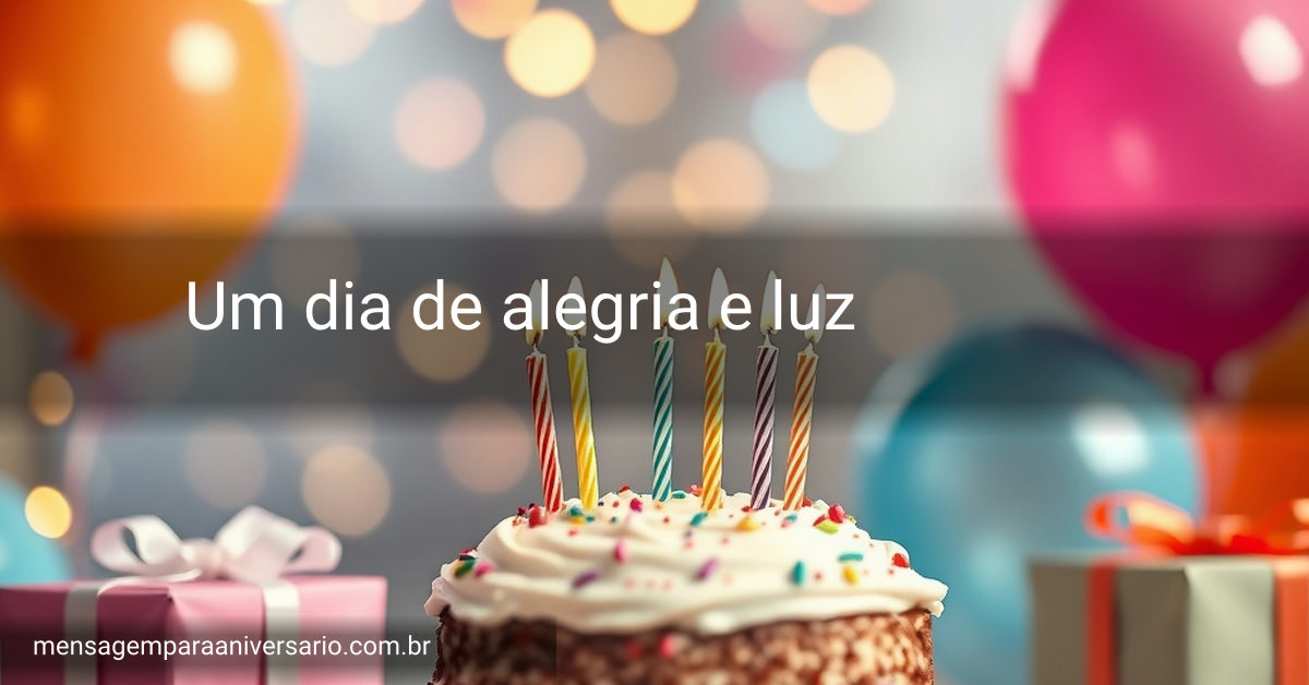 Cena festiva de aniversário com um bolo, balões coloridos, luzes piscando e confetes.