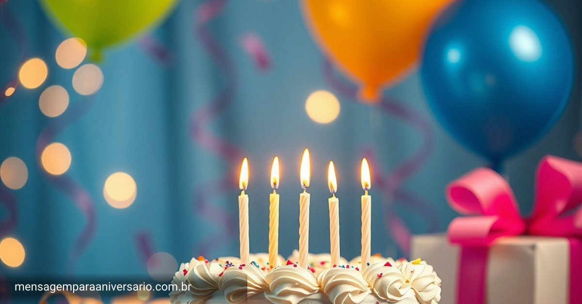 Cena festiva de aniversário com bolo, velas, balões e confete.