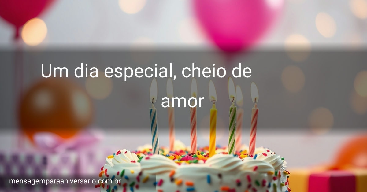 Uma cena de festa de aniversário com bolo colorido, velas acesas e balões.