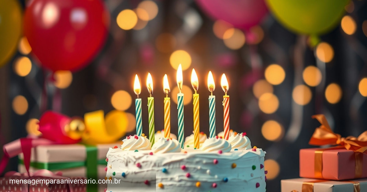 Cena festiva de aniversário com bolo, velas, balões, confetes e presentes.