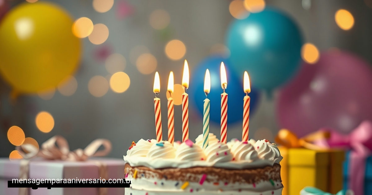 Cena festiva de aniversário com bolo, velas, balões, confete e presentes.