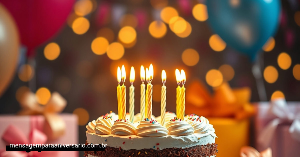 Cena festiva de aniversário com bolo, velas, balões, confete e presentes, iluminada por luzes bokeh.