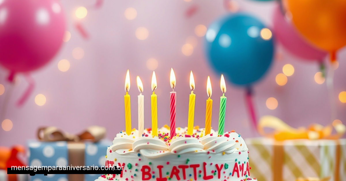 Cena festiva de aniversário com um lindo bolo decorado, balões coloridos e brilhos ao fundo.