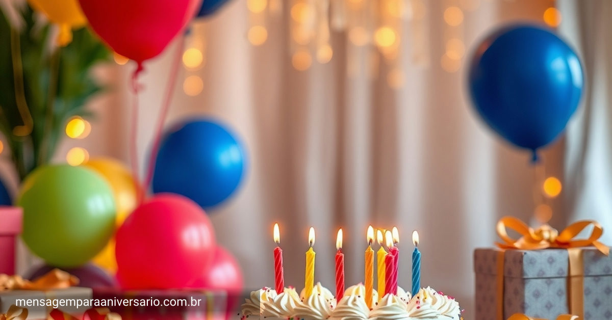 Cena festiva de aniversário com balões coloridos, um bolo com velas, confetes brilhantes e presentes em um espaço bem decorado.