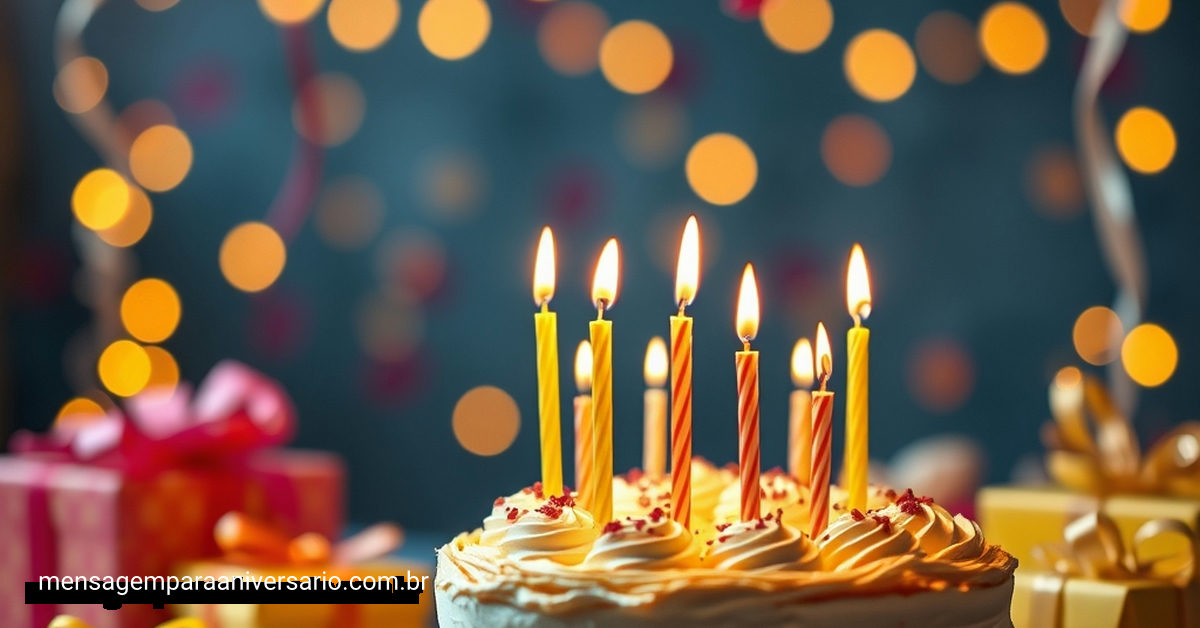 Cena festiva de aniversário com bolo, velas, balões e confete.