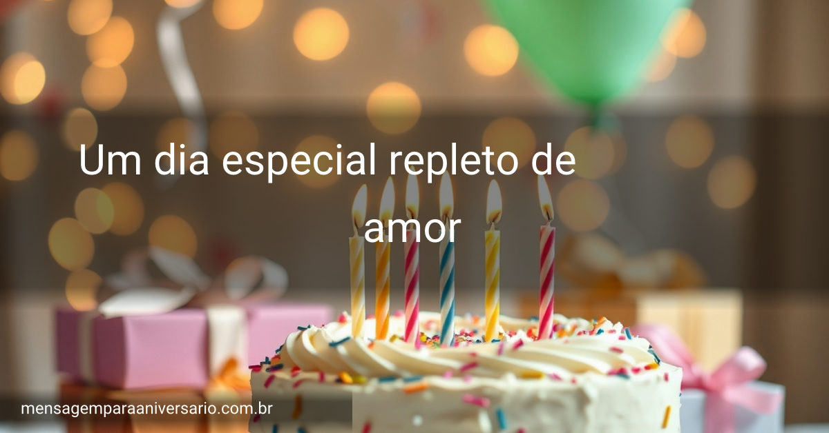 Cena festiva de aniversário com bolo, velas, balões, confete e presentes.