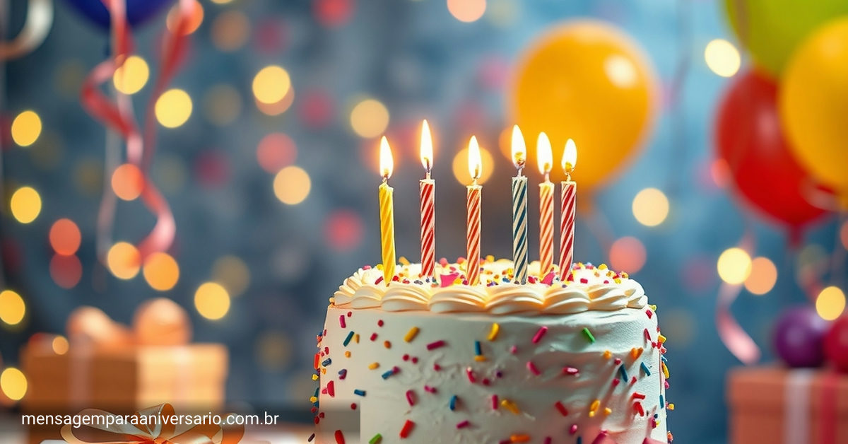 Uma festa de aniversário vibrante com um bolo grande e colorido, balões brilhantes, confete espalhado e presentes, sem pessoas.