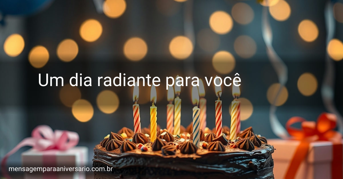 Cena festiva de aniversário com um bolo de chocolate, velas acesas, balões coloridos, confetes e luzes bokeh.