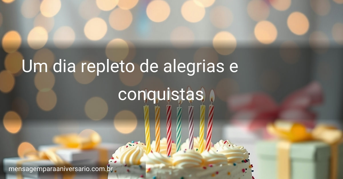 Cena festiva de aniversário com bolo, velas acesas, balões coloridos, confete e presentes sobre uma mesa decorada.