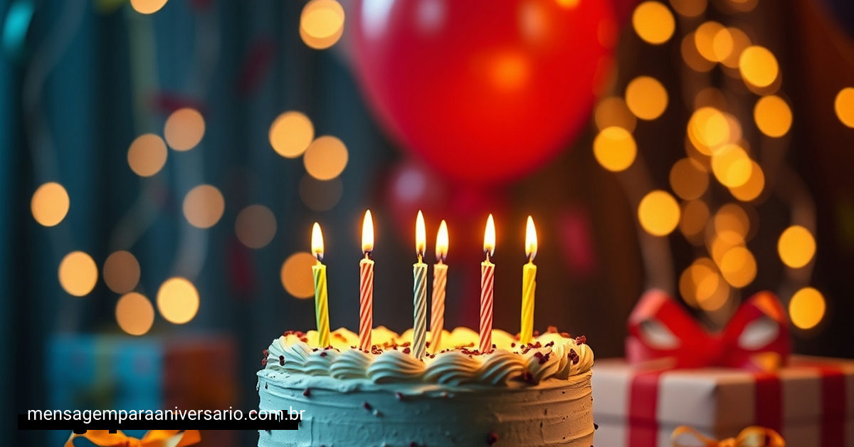 Uma cena festiva de aniversário com um bolo delicioso, velas, balões alegres, confetes e presentes em um cenário alegre e iluminado.