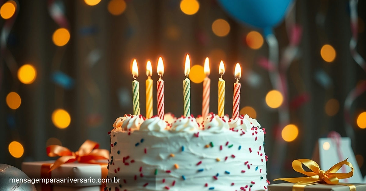 Cena festiva de aniversário com bolo, velas acesas, balões coloridos, confete e presentes.
