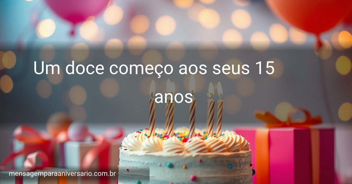Cenário de celebração de aniversário vibrante com bolo, balões, presentes e luzes cintilantes.