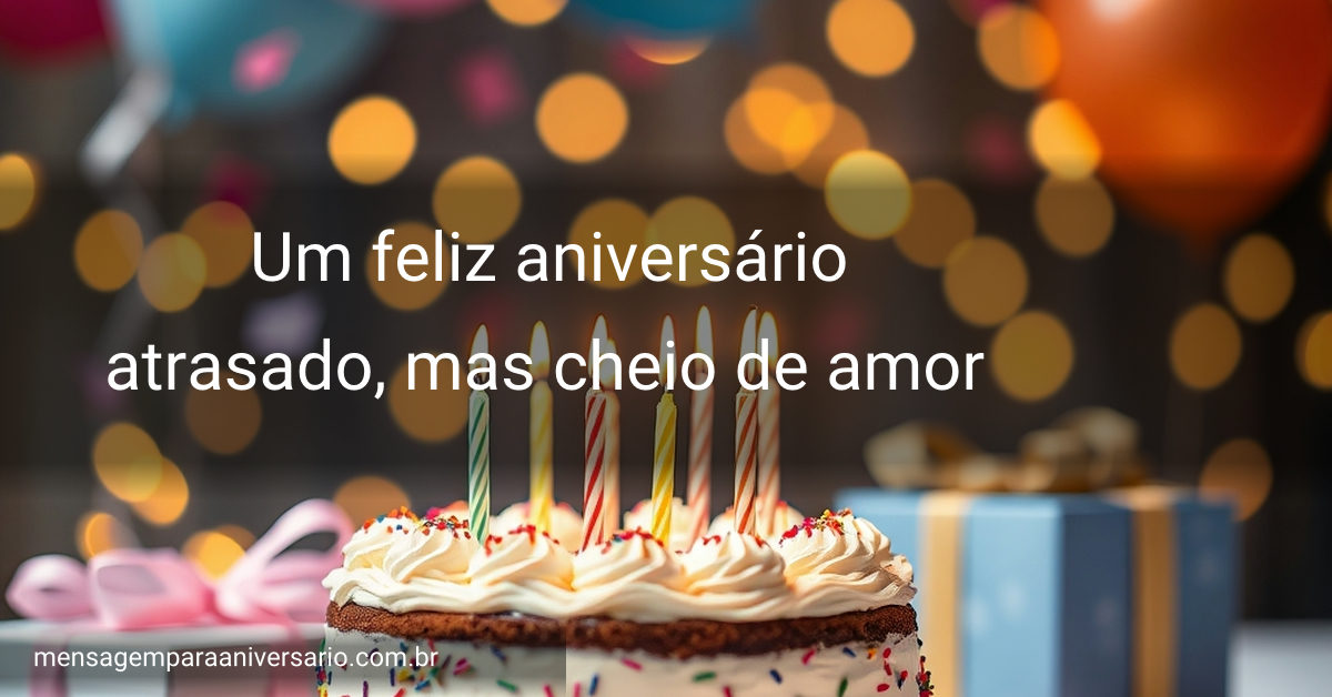 Cena festiva de aniversário com bolo, velas, balões, confete e presentes.